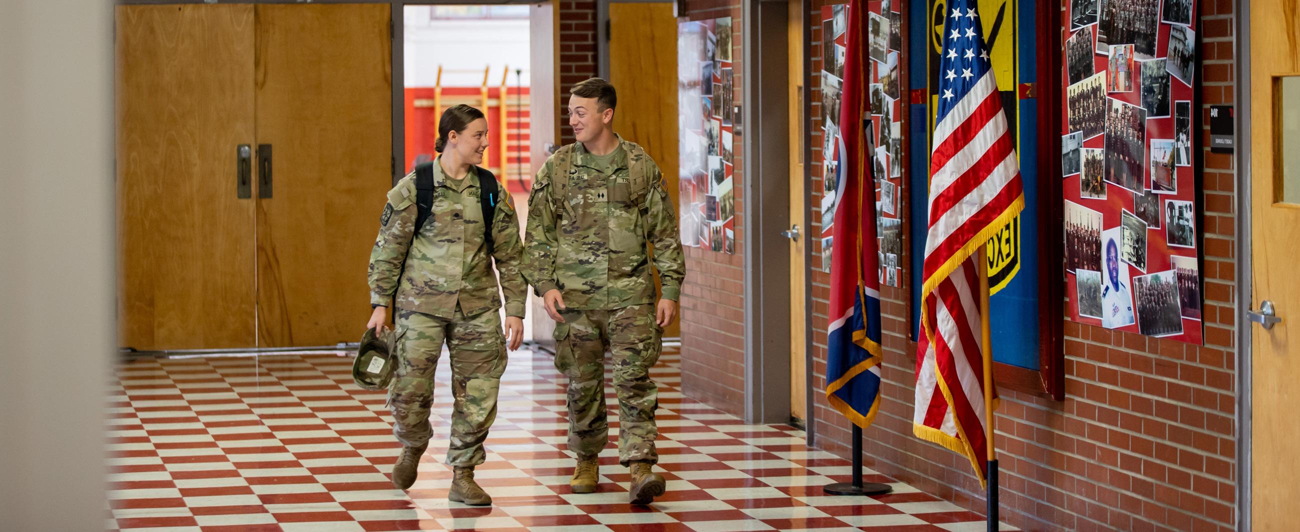 Military students walking down the hallway